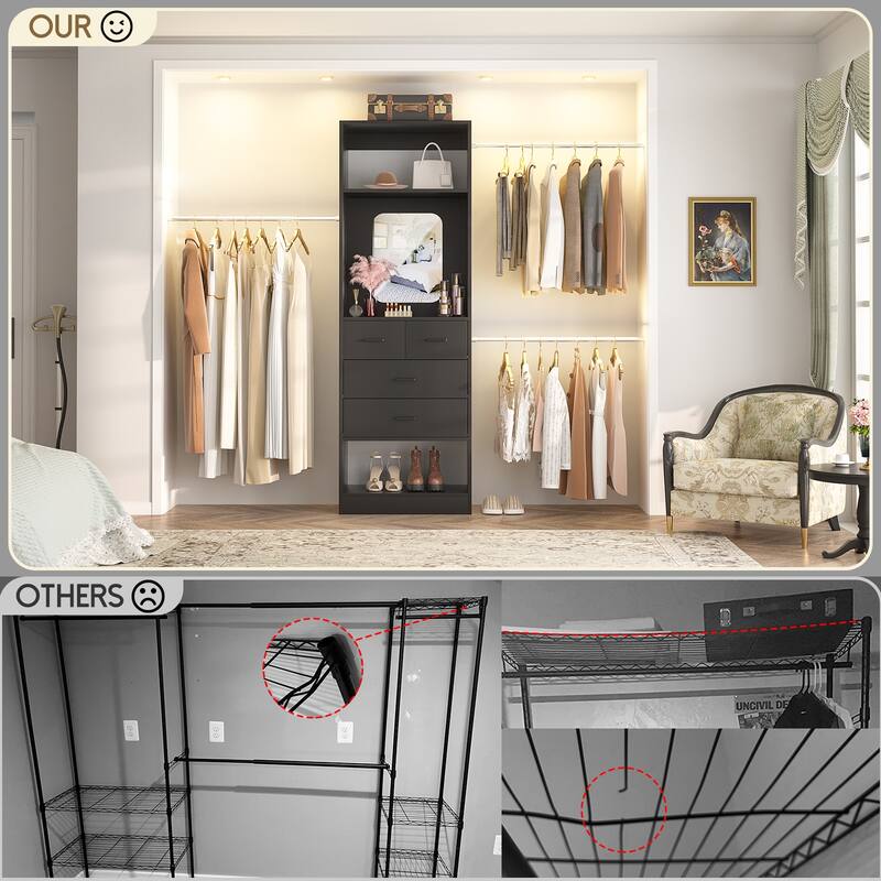 25'' - 96" W Closet System with 4 Wooden Drawers and Mirror, Walk-in Closet Organizer Kits with 3 Extendable Hanging Rods