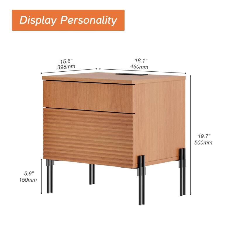 WAMPAT Fluted Nightstand with Charging Station,Modern Side Table with 2 Drawers