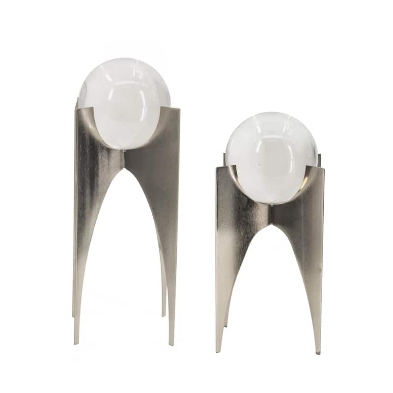 13, 10 Inch Crystal Orb Accent Decor Set of 2, Metal Stand, Art Deco