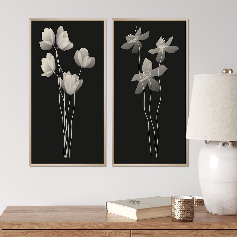 Designart "Monochrome Minimalist Organic Plant Structures I" Floral Framed Art Set of 2 Pieces