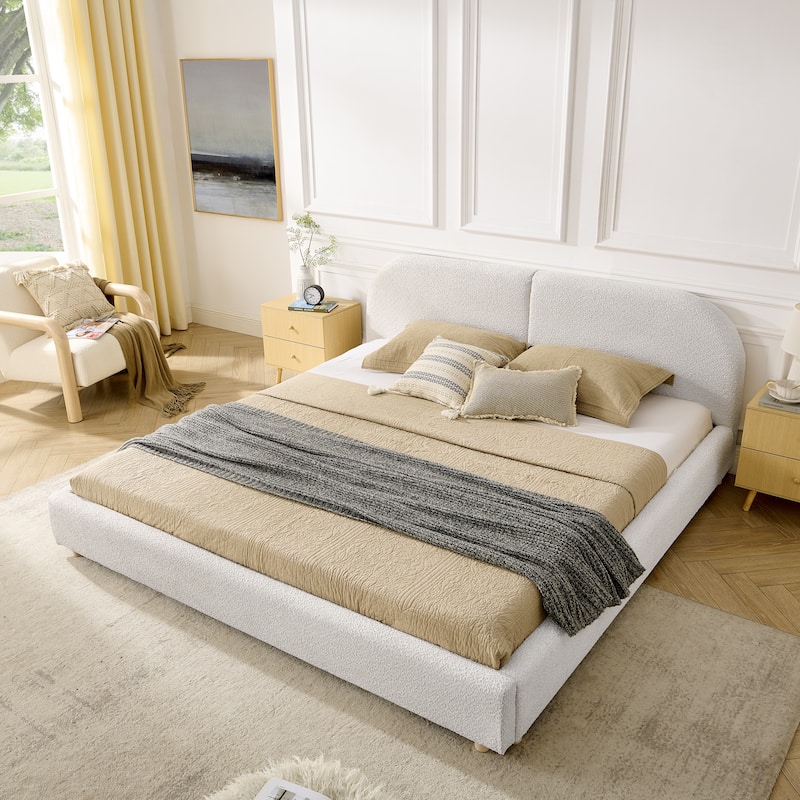 King Size Upholstered Bed Frame with Tall Headboard - Beige