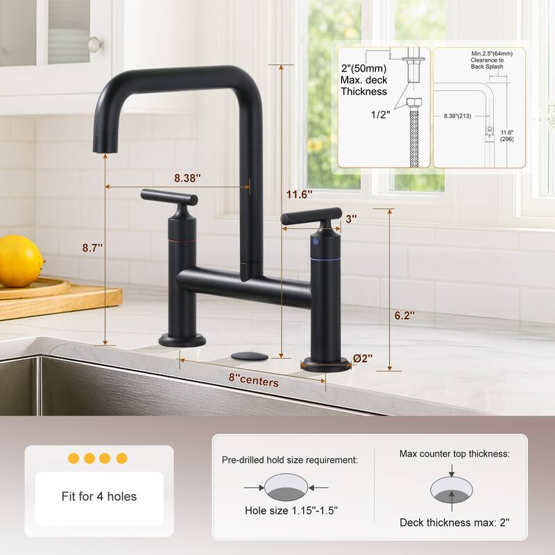 WOWOW Double Handle Bridge Faucet with Kitchen Sink Hole Cover