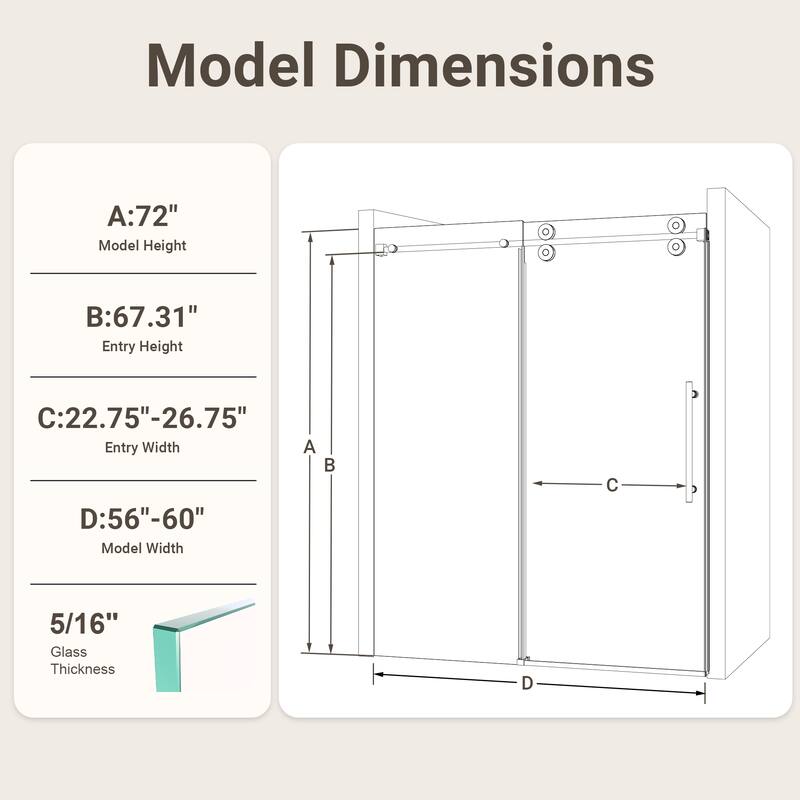 GDFStudio - Modern America Design Frameless Single Sliding Shower Door with 5/16" SGCC Tempered Glass & Stainless Steel Hardware