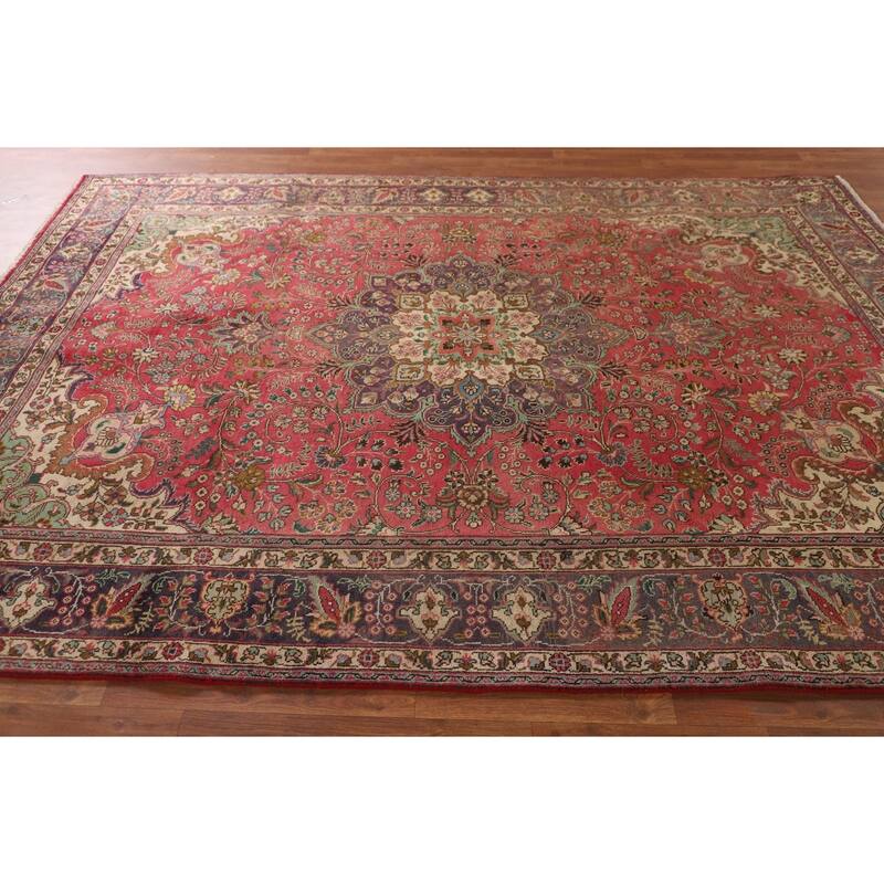 Tabriz Persian Vintage Area Rug Hand-Knotted Pink Wool Carpet - 6'8"x 9'7"
