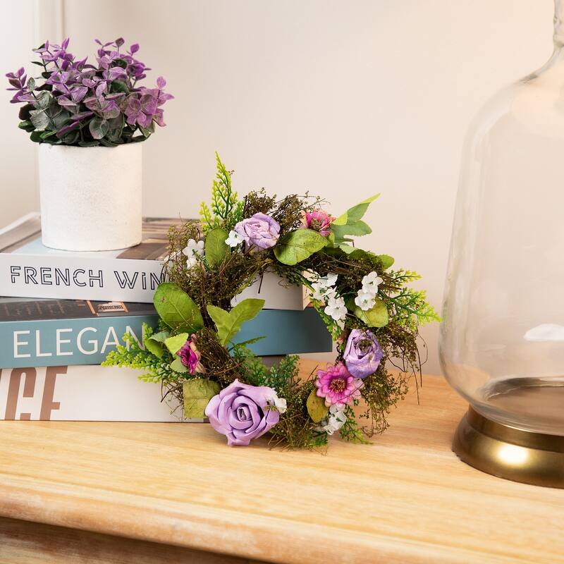 Roses and Mixed Florals with Foliage Mini Spring Artificial Wreath - Pink - 8"