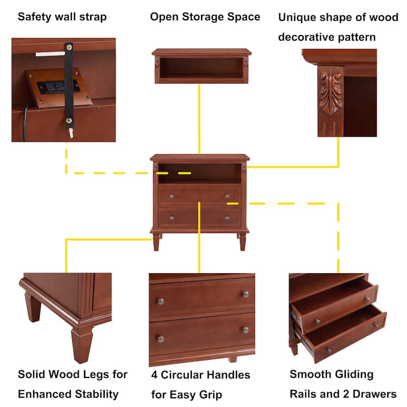 Farmhouse 2-Drawer Dresser Nightstand with Charging Station, USB Ports, Open Shelf & Solid Wood Legs