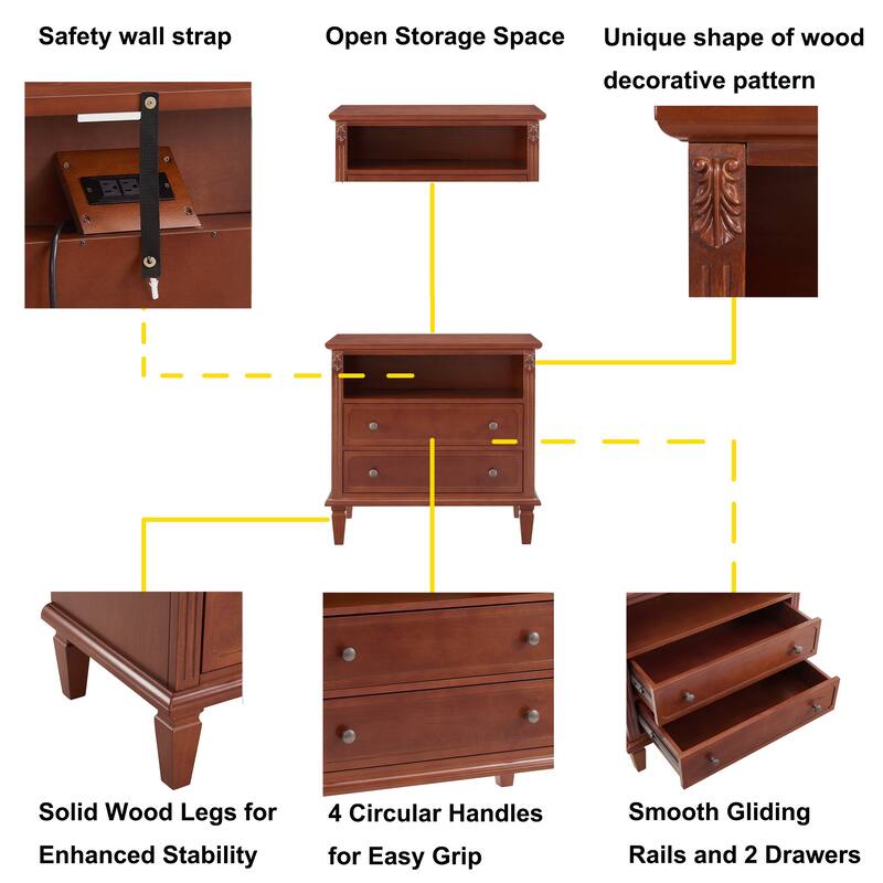 Open Space and 2 Drawers Dresser Nightstand with Charging Station, Farmhouse End Table with USB Ports and Outlets for Bedroom