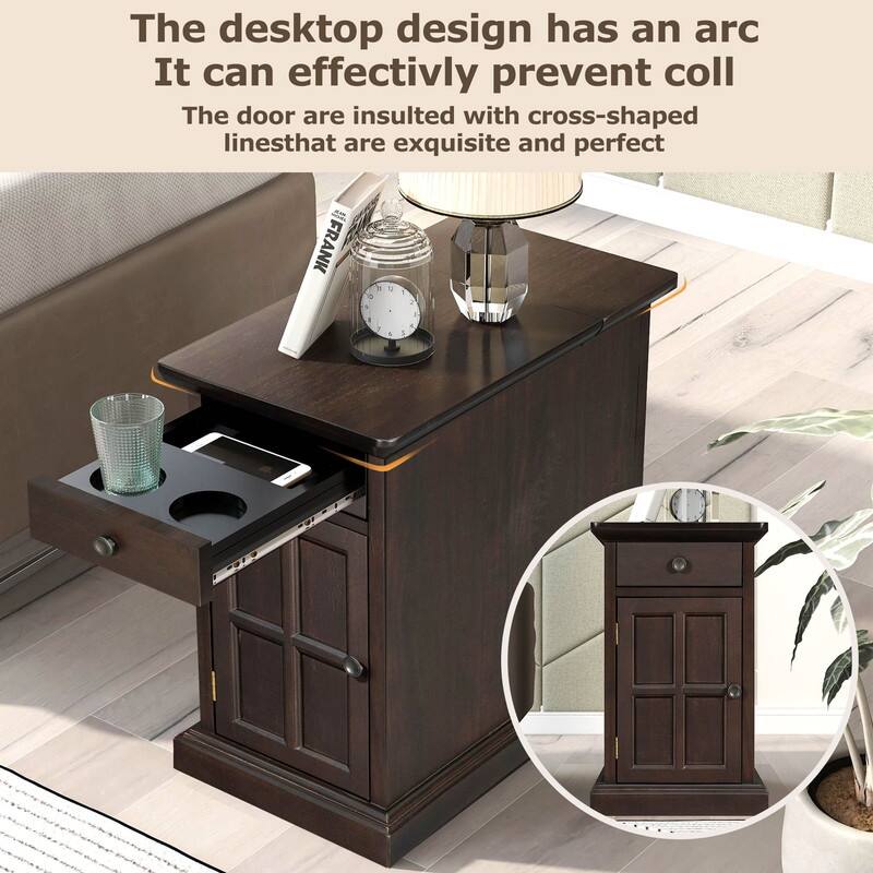Multifunctional End Table with USB Ports and 1 Drawer with Cup Holders, Vintage Sofa Side Table Bedside Nightstand Narrow Table