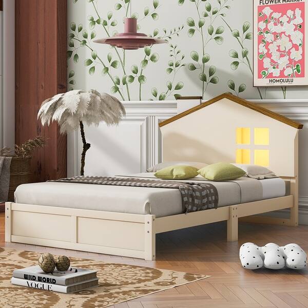 slide 2 of 48, Bedroom Solid Wood Platform Bed House-Shaped Headboard Walnut Roof with LED Window Bed Frame Platform No Box Spring Needed Beige - Twin