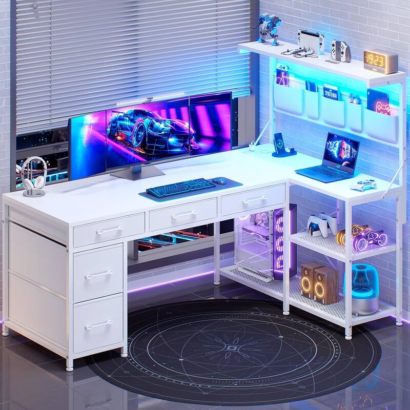 L Shaped Computer Desk 5 fabric Drawers Gaming Desk Storage Shelf - 47.2" - White