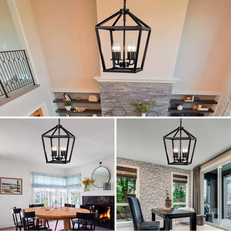Farmhouse Lantern Chandelier 4-Light with Rustic Open Cage and Adjustable Hanging Height
