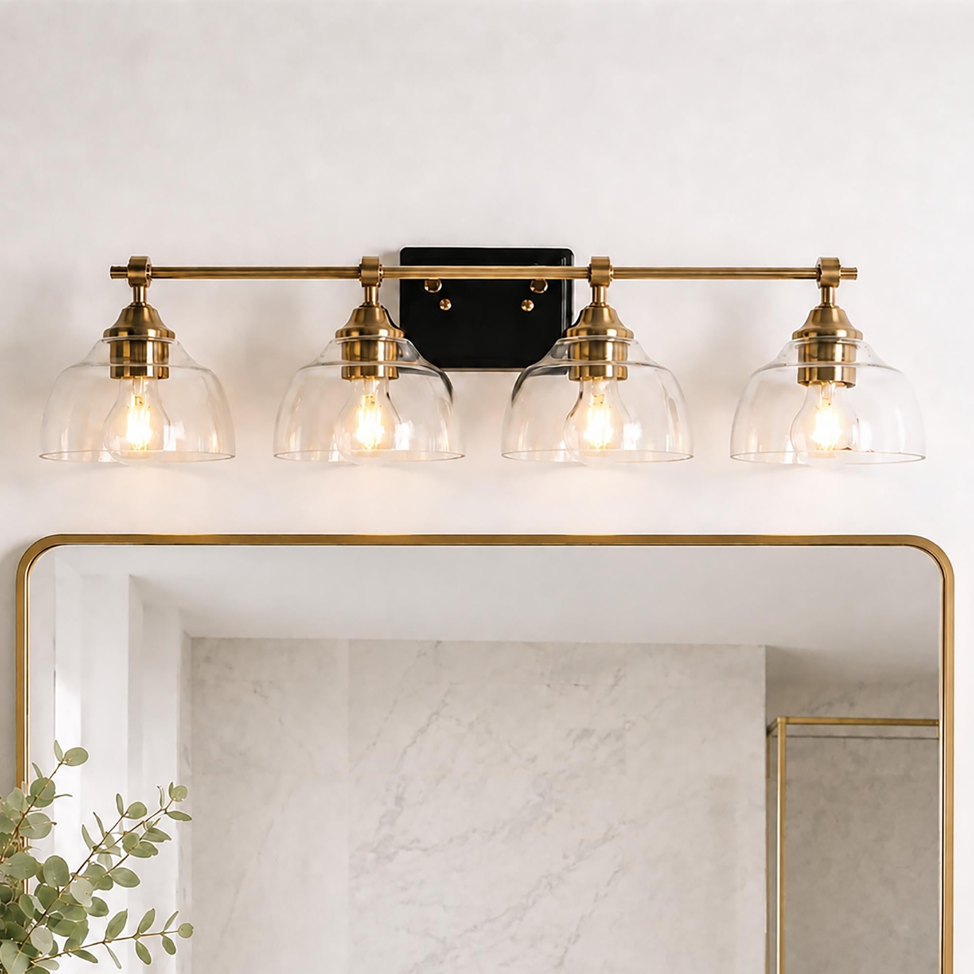 LALUZ Modern 3-Light Black Gold Bathroom Vanity Light Clear Glass Wall Sconce