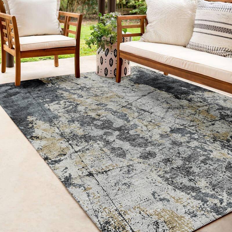Indoor/ Outdoor Accord Abstract Polyester Washable Rug New - 10' x 14' - Black and Grey