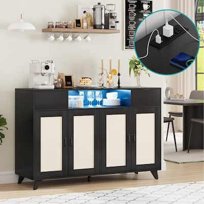 Sideboard Buffet Cabinet, 4 Rattan Doors 2 Drawers Accent Storage Cabinet