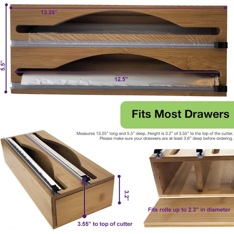 Luxe Bamboo Plastic Wrap/Wax Paper/Aluminum Foil Dispenser for Drawer or Wall Mountable - Cling Wrap / Tin Foil Kitchen Holder