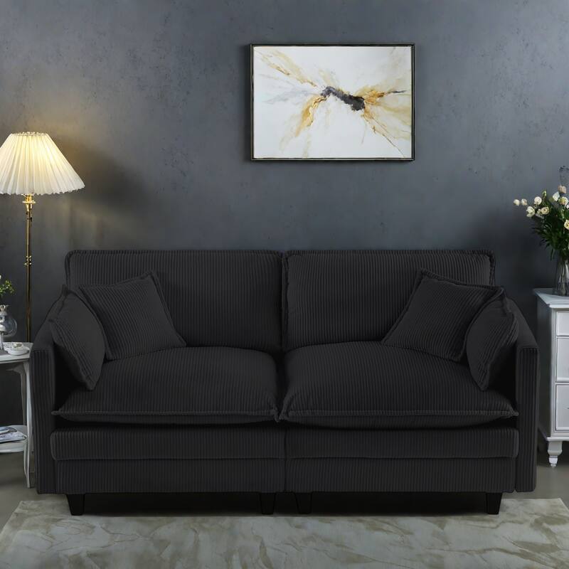96" Corduroy Modern Classic 3-Seater Sofa - Deep Seat,With 4 Pillow For Living Room - Black