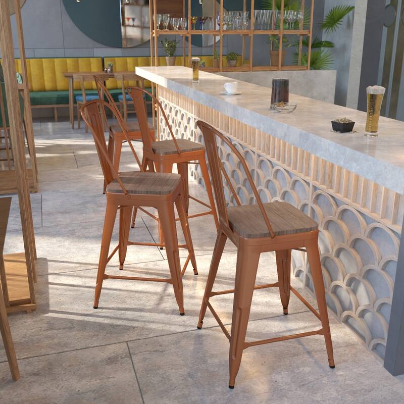4 Pk. 24" High Metal Counter Height Stool with Back and Wood Seat - 17.75"W x 22"D x 40.25"H - 17.75"W x 22"D x 40.25"H - Copper