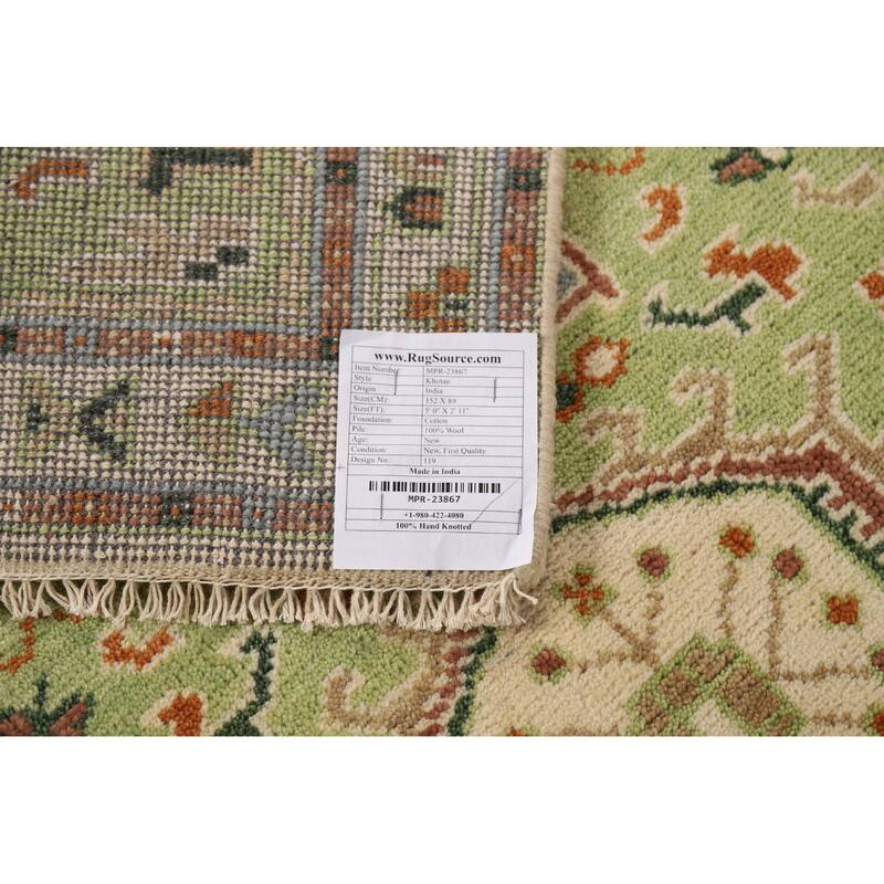 Light Green Geometric Khotan Indian Foyer Rug Hand-Knotted Wool Carpet - 2'11"x 5'0"
