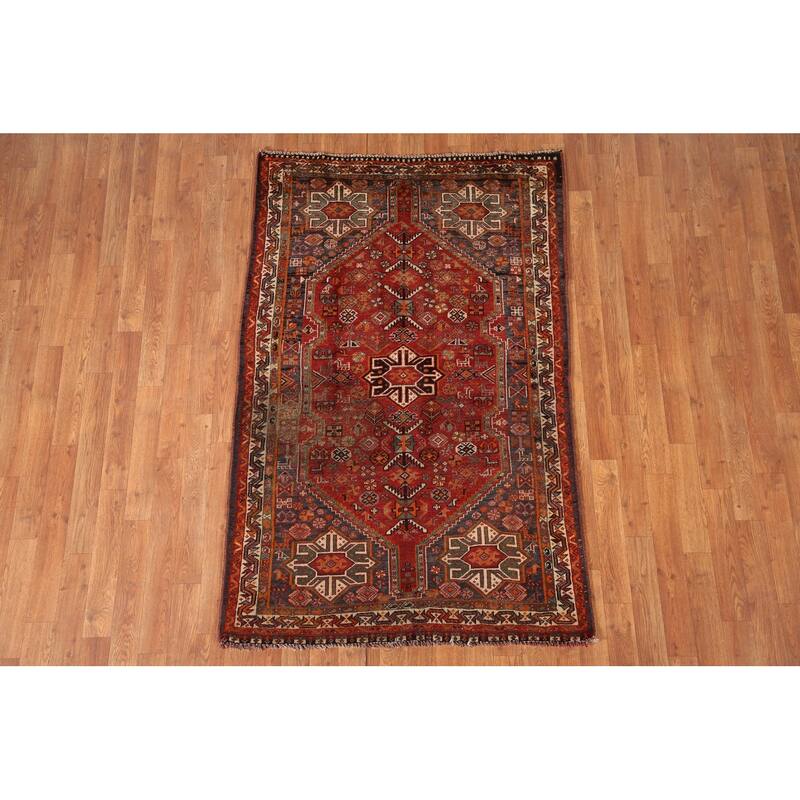 Geometric Shiraz Persian Vintage Area Rug Handmade Wool Carpet - 3'8"x 5'8"
