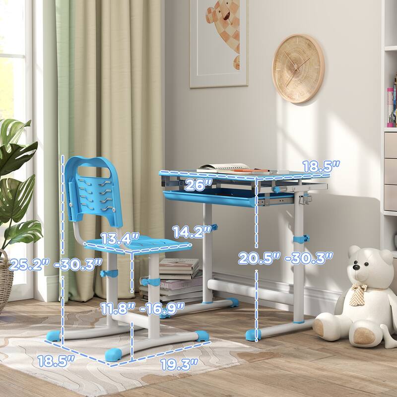 Height-Adjustable Kids Desk and Chair Set with Tilt Table and Drawer Pen Slots for Ages 6-12