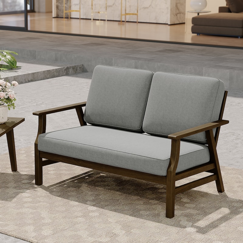 Modern Wood Cushioned 5-Piece Outdoor Patio Conversation Set - 2-Seat Loveseat - Grey
