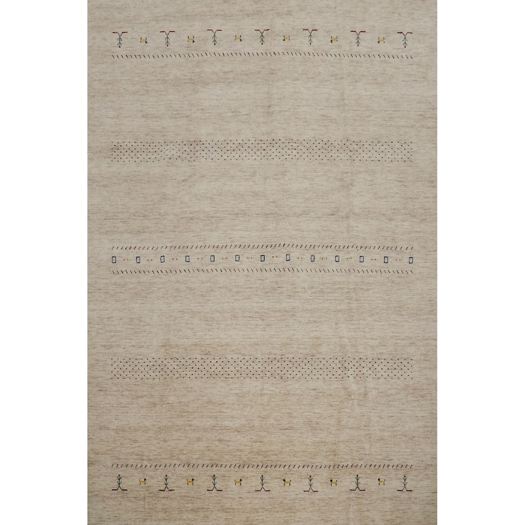 Hand Knotted Oriental 100% Wool Carpet Tribal Animal Pictorial Beige & Ivories Gabbeh Area Rug - 9' 11'' X 7' 11''