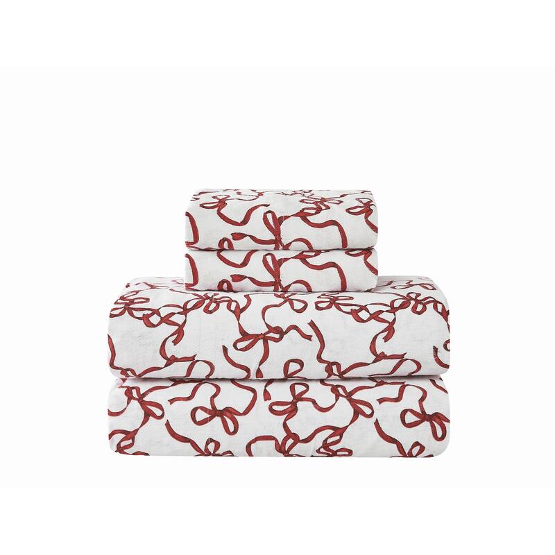 Truly Soft Printed and Solid Cotton Flannel 4 Piece Sheet Set - Ribbon and Bows - Twin