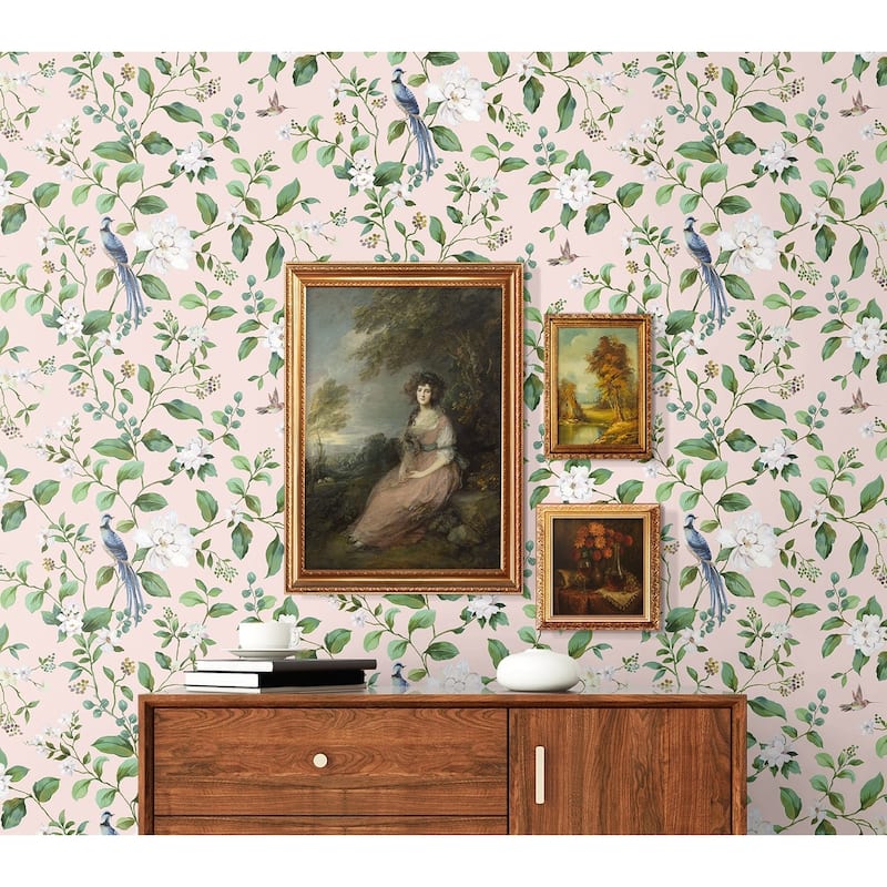 Daisy Bennett Designs Chinoiserie Bird Vine Premium Matte Non-Woven Peel and Stick Wallpaper