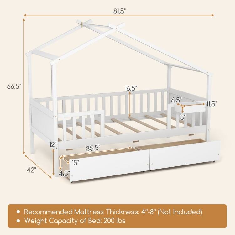 Twin House Bed with 2 Storage Drawers and Roof & Fence Rails