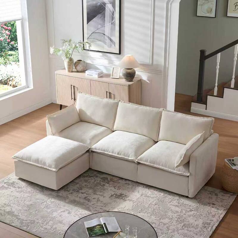 93" Modular L-Shaped Sectional Sofa Couch for Living Room, 4-Seater Modern Sofa Set with Movable Ottoman - Beige