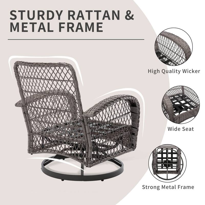 3 Pieces Outdoor Swivel Rocker Chairs, 360 Degree, Thickened Cushions & Glass Coffee Table