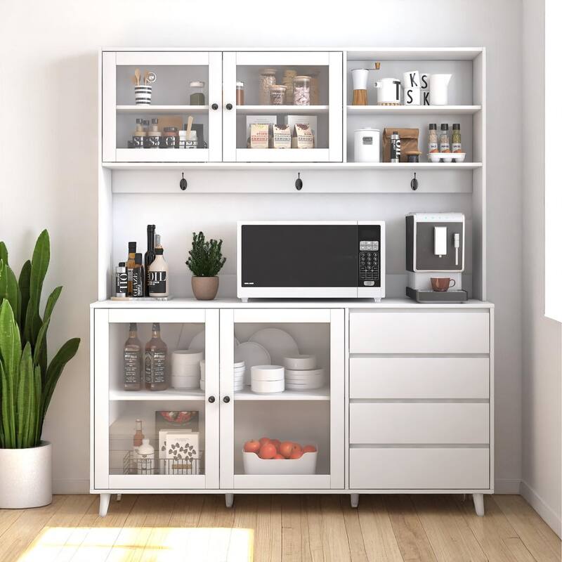 63" Wide Pantry Storage Cabinet with Microwave Tabletop, 4 Doors and 4 Drawers, Kitchen Cupboard Organizer - White