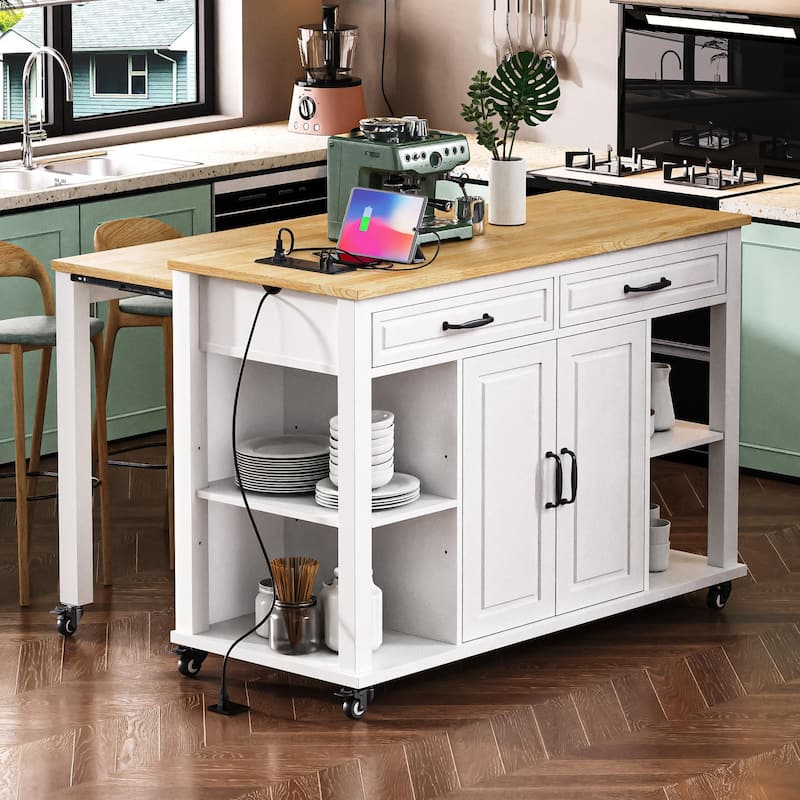 47 inch Kitchen Island with Extendable Dining Table, Rubber Wood Veneer Kitchen Table with Internal Storage Rack, Power Outlet, - White
