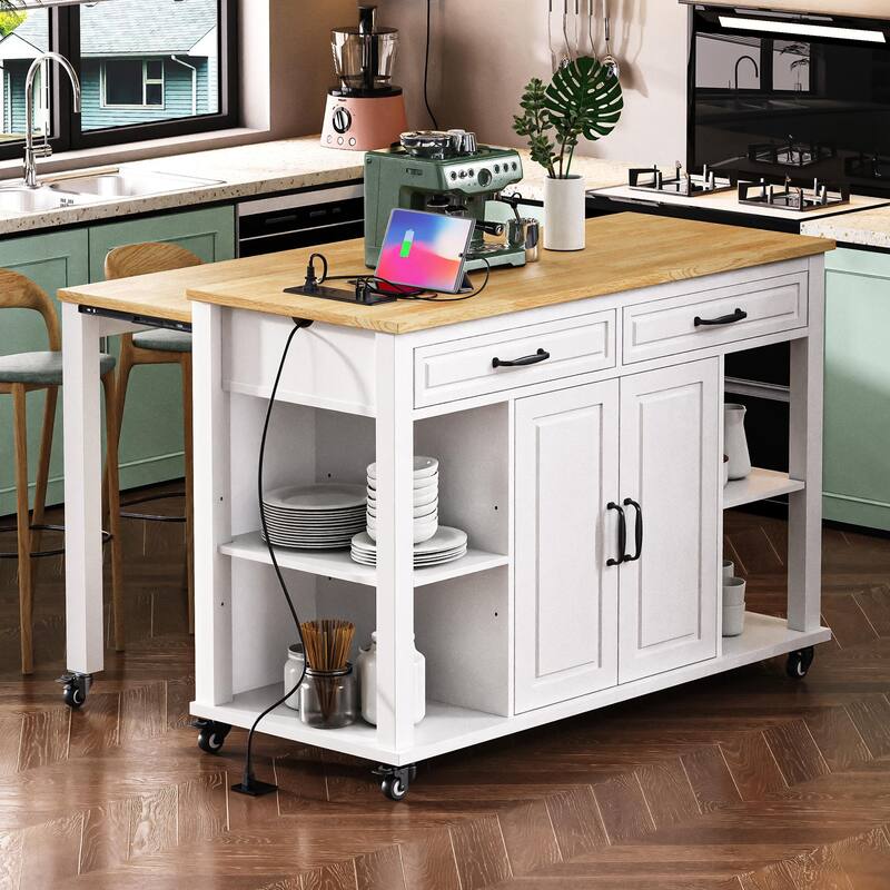 Rubber Wood Veneer Kitchen Island with Extendable Dining Table, Power Outlet