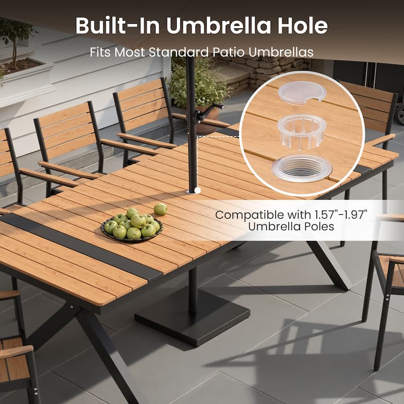 Outdoor Patio Dining Table with LED Light Strip Aluminum Rectangular X-Shaped with Umbrella Hole