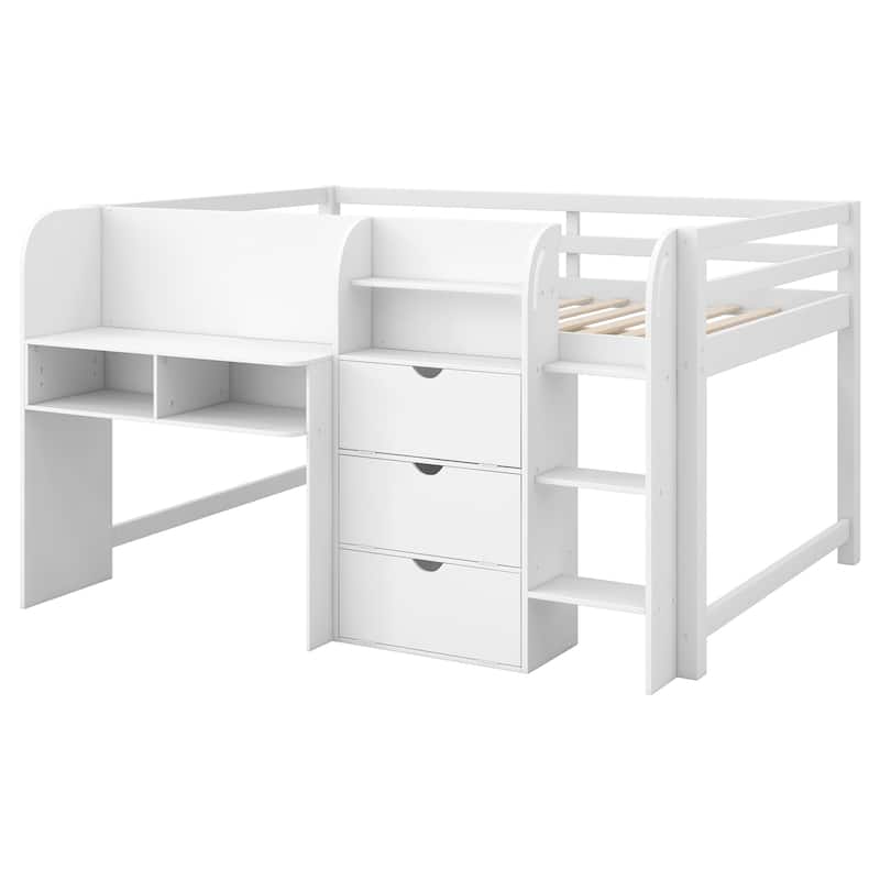 GDFStudio - Solid Wood Full Size Low Loft Bed with Desk, Storage & Bookcase