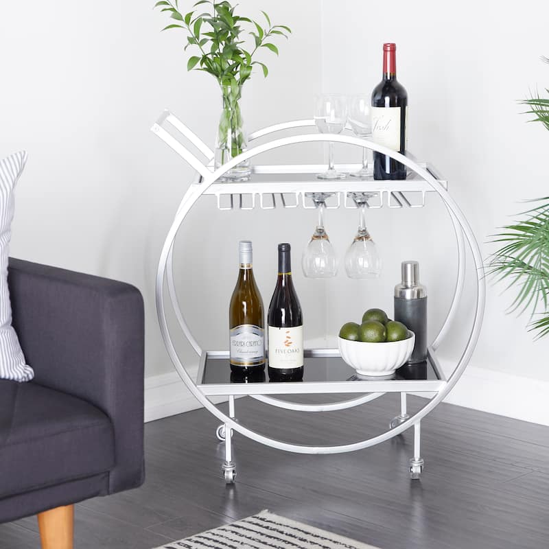 Metal Rolling 2 Mirrored Shelves Bar Cart with Wine Glass Storage and Handle - Rose Gold, Silver or Black - Roche River Decor