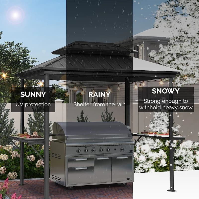 PURPLE LEAF 6ft x 8ft Hardtop Grill Gazebo Galvanized Steel Roof Outdoor BBQ Canopy with 2 Pcs Outdoor Counter Stools