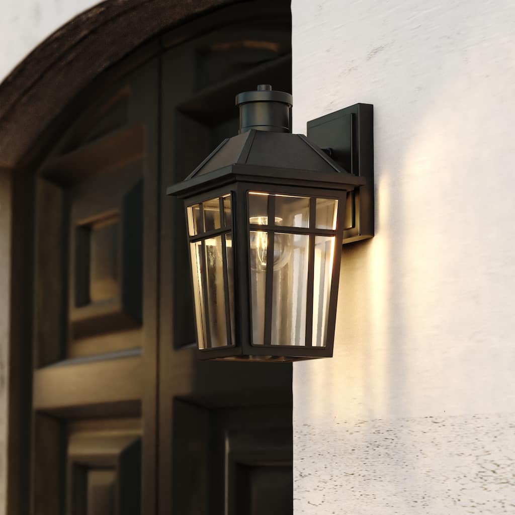 VAXCEL Garfield Park Black Outdoor Wall Sconce Light Fixture, Rust-Resistant Aluminum, Clear Seeded Glass Shade