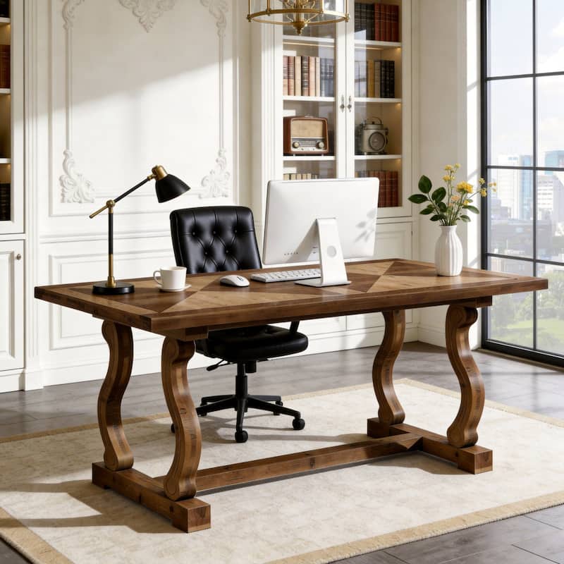63" Solid Wood Office Executive Desk with Diamond Parquetry Top and Scroll Legs