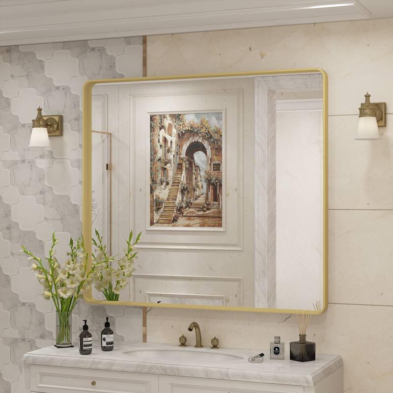 Aluminum alloy Framed Tempered Glass Wall Bathroom Vanity Mirror - 40" x 36" - Gold
