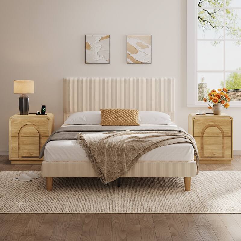 Bestier Nightstand with Charging Station, Modern LED End Tables with 2 Drawers, Boho Bedside Table with Storage for Bedroom