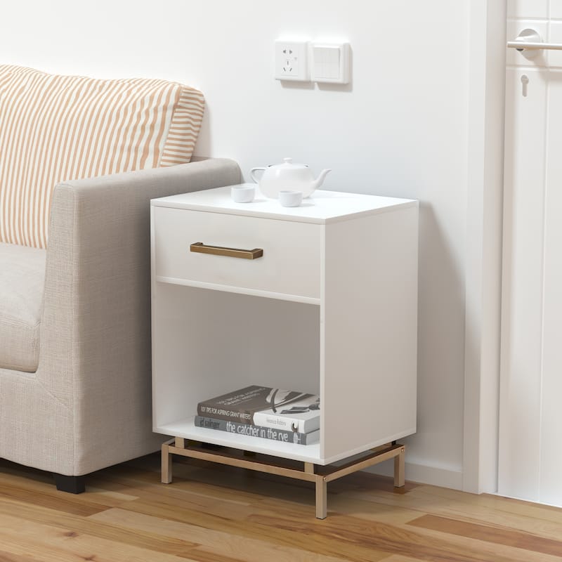 Anmytek 1-Drawer Modern White Gold Nightstand Accent Table End Side Table with Open Shelf for Bedroom