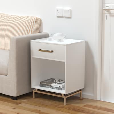 Anmytek 1-Drawer Modern White Gold Nightstand Accent Table End Side Table with Open Shelf for Bedroom