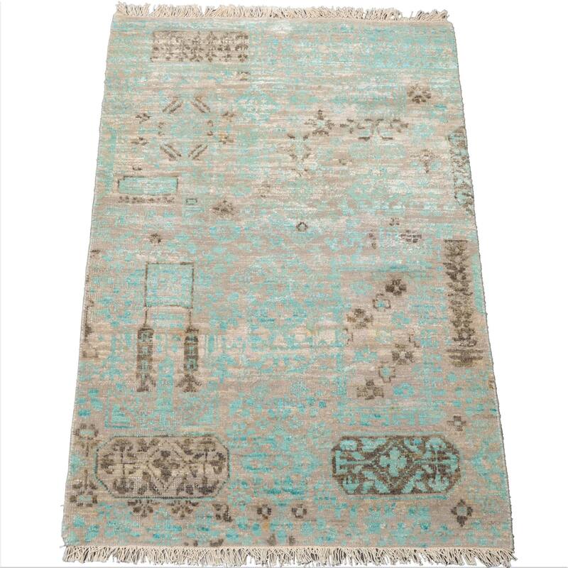 2'x3' Turquoise Tibetan Wool and Bamboo Silk Oriental Area Rug - 2' x 3'