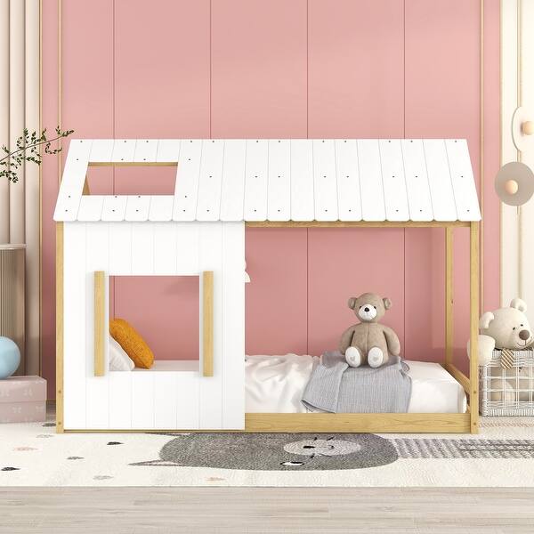 slide 2 of 9, Minimal Design Twin House Bed with Roof & Window - Functional Furniture Natural