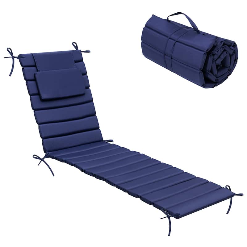 Outdoor Chaise Lounge Cushion, Quilted Patio Sun Lounger Pad with Straps - 1PC - Navy Blue, Fits 71"-72" chaise