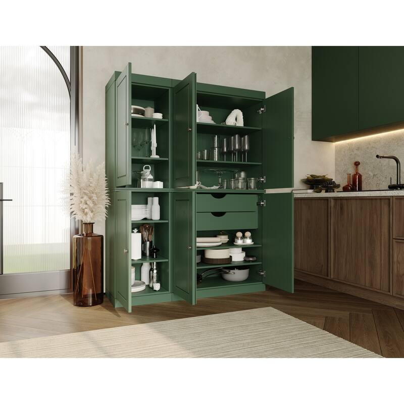 Palace Imports 100% Solid Wood Pantry Cabinet, Raised Panel Doors, 2 Drawers, Adjustable Shelves, 48.5" Wide, 71.5" Tall - Green