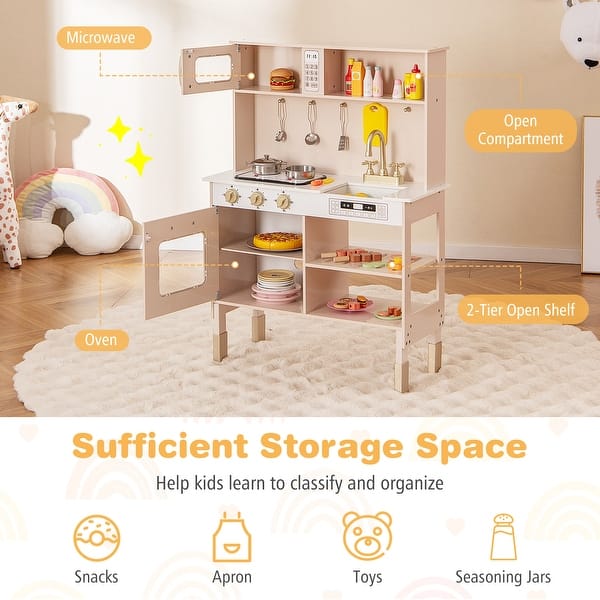 dimension image slide 0 of 2, Costway Height Adjustable Play Kitchen Wooden Kitchen Playset with - See Details
