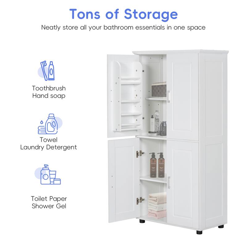 Tall and Wide Bathroom Floor Storage Cabinet, Bathroom Storage Unit, Freestanding Cabinet with 4 Doors, Adjustable Shelves